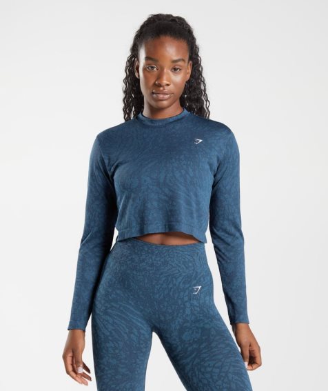 Gymshark Adapt Animal Seamless Long Sleeve Top T-shirts Damen Navy | AT-38-IHOJ