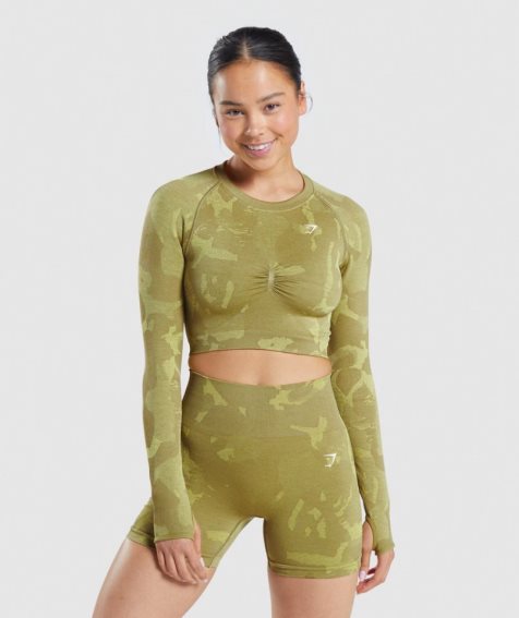 Gymshark Adapt Camo Seamless Long Sleeve Kurz Geschnittene Oberteile Damen Grün | AT-93-WHIV