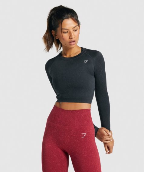 Gymshark Adapt Fleck Seamless Long Sleeve Kurz Geschnittene Oberteile Damen Schwarz | AT-35-LNOH