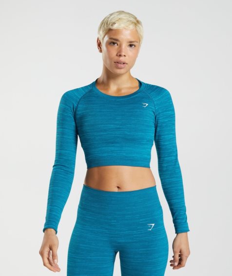 Gymshark Adapt Marl Seamless Long Sleeve Kurz Geschnittene Oberteile Damen Türkis | AT-16-YTKP