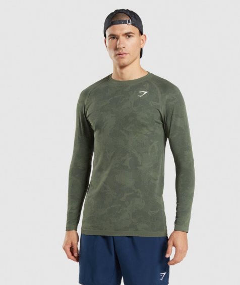 Gymshark Geo Seamless Long Sleeve T-shirts Herren Olivgrün | AT-94-WMYD