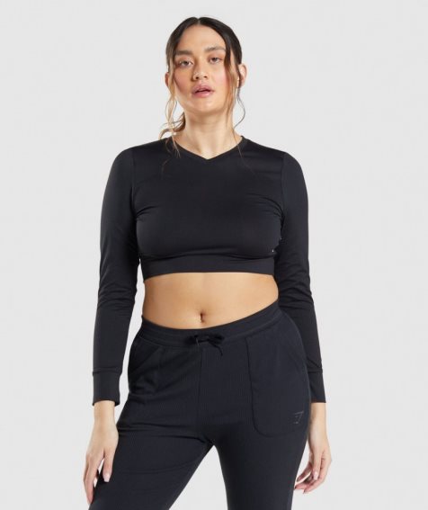 Gymshark Pause Open Back Long Sleeve Kurz Geschnittene Oberteile Damen Schwarz | AT-05-XQEY