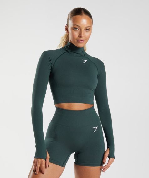 Gymshark Vital Seamless 2.0 High Neck Midi Kurz Geschnittene Oberteile Damen Dunkelgrün | AT-64-UKCF