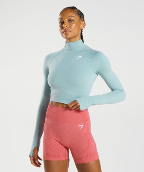 Gymshark Vital Seamless 2.0 High Neck Midi Kurz Geschnittene Oberteile Damen Hellblau | AT-81-ZOVI