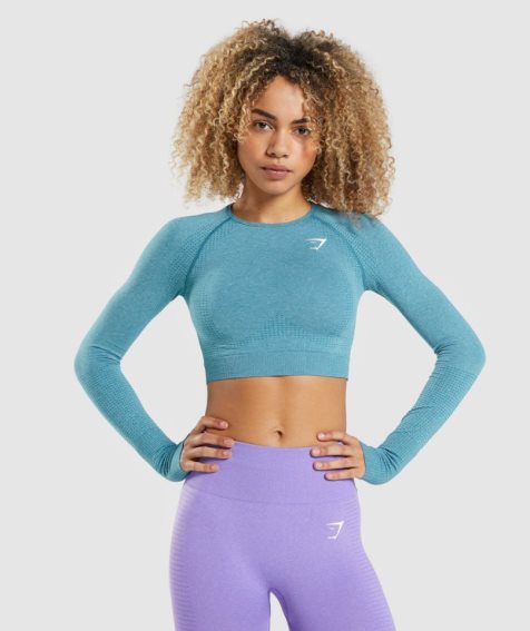 Gymshark Vital Seamless 2.0 Long Sleeve Kurz Geschnittene Oberteile Damen Türkis | AT-97-IWEL