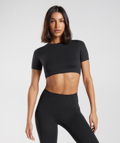 Gymshark Whitney Kurzes Sleeve Kurz Geschnittene Oberteile Damen Schwarz | AT-97-MGUE