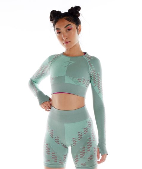 Gymshark Wtflex Cyborg Seamless Long Sleeve Kurz Geschnittene Oberteile Damen Grün | AT-61-ODYA