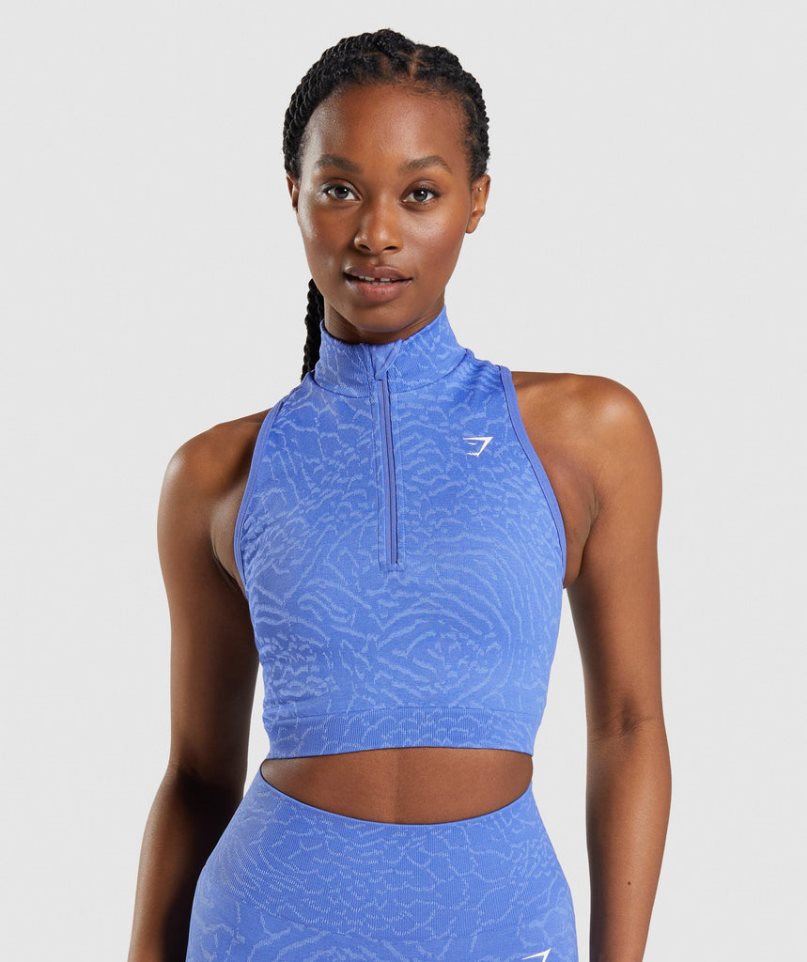 Gymshark Adapt Animal Seamless 1/2 Zip Kurz Geschnittene Oberteile Damen Blau | AT-78-JYML