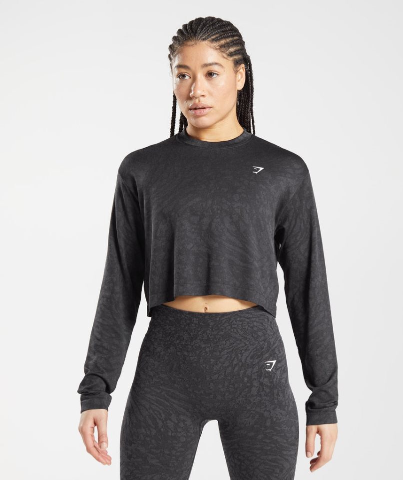 Gymshark Adapt Animal Seamless Long Sleeve Top T-shirts Damen Schwarz | AT-79-LCUJ