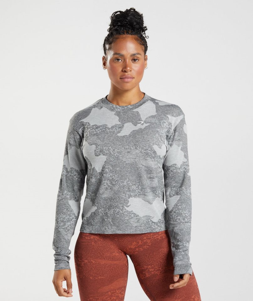 Gymshark Adapt Camo Seamless Long Sleeve Top T-shirts Damen Grau | AT-15-DVJO