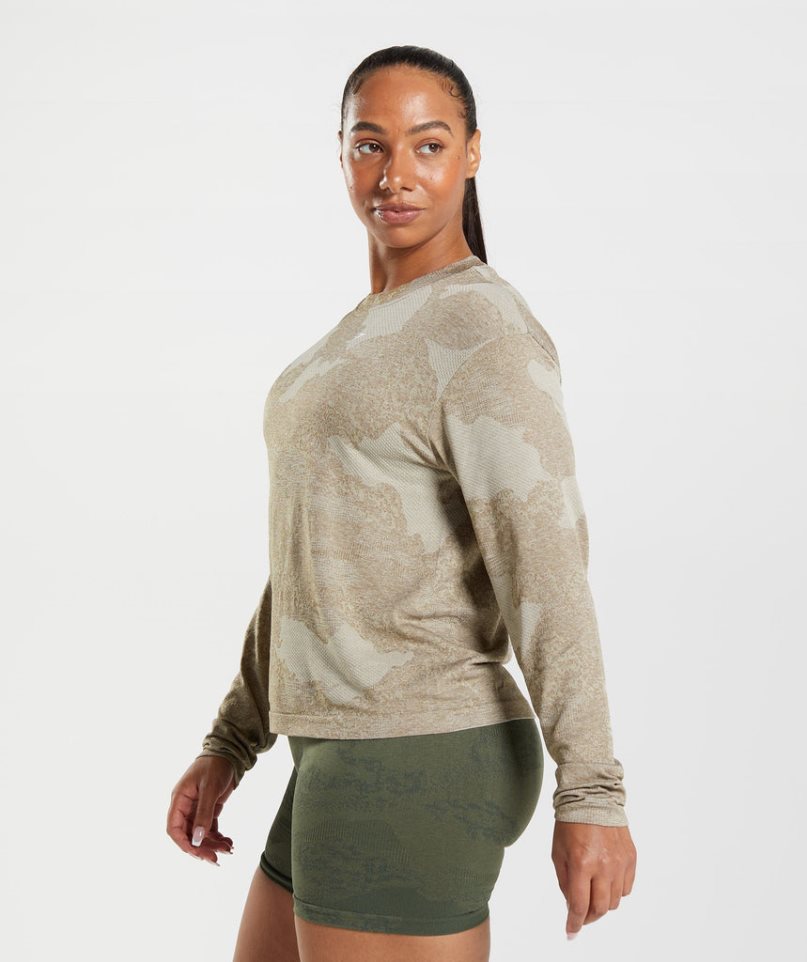 Gymshark Adapt Camo Seamless Long Sleeve Top T-shirts Damen Grau | AT-83-OLAY