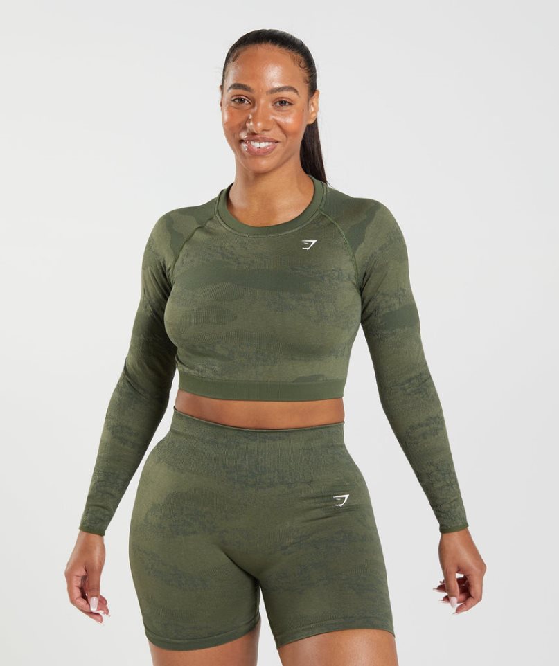 Gymshark Adapt Camo Seamless Spitze Up Back Top T-shirts Damen Olivgrün | AT-06-OIPS