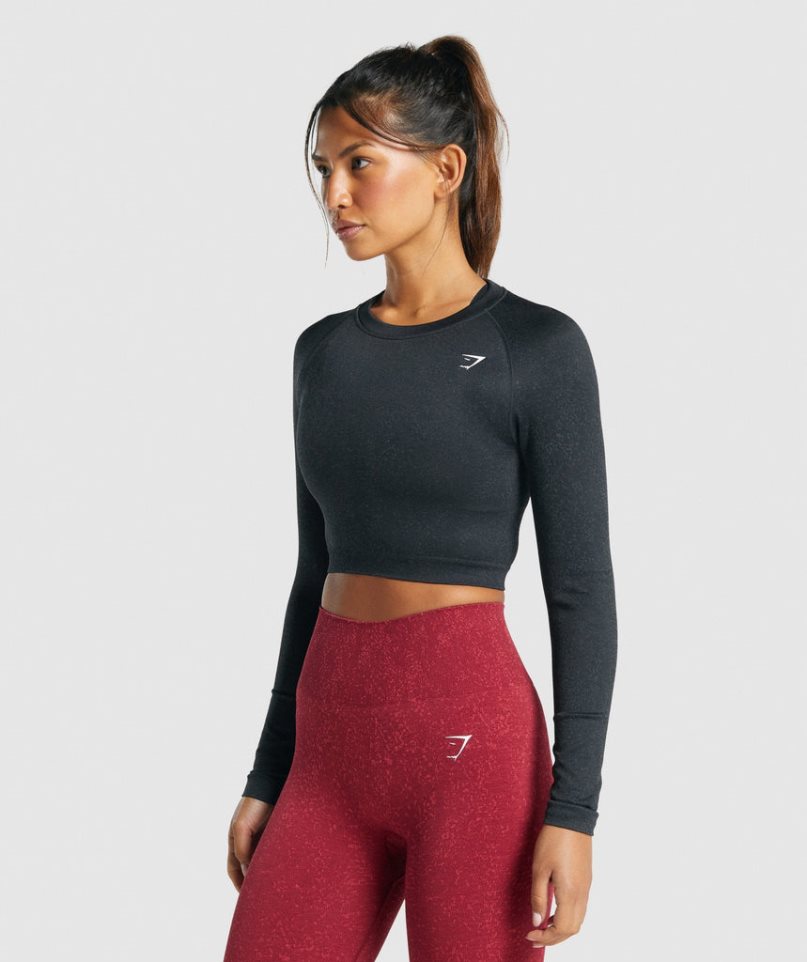 Gymshark Adapt Fleck Seamless Long Sleeve Kurz Geschnittene Oberteile Damen Schwarz | AT-35-LNOH