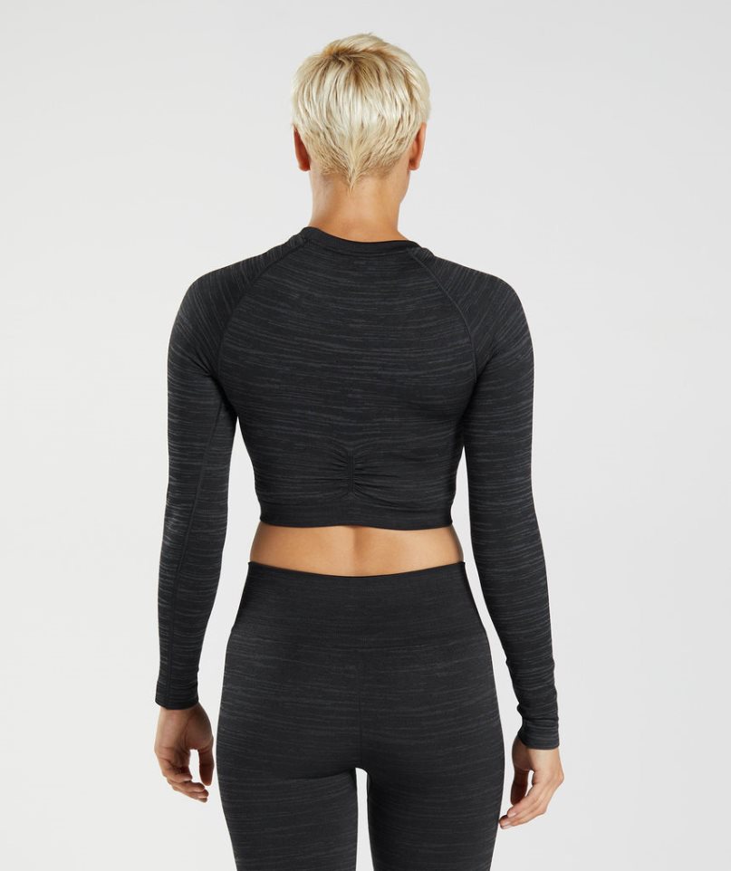 Gymshark Adapt Marl Seamless Long Sleeve Kurz Geschnittene Oberteile Damen Schwarz | AT-15-WXOI