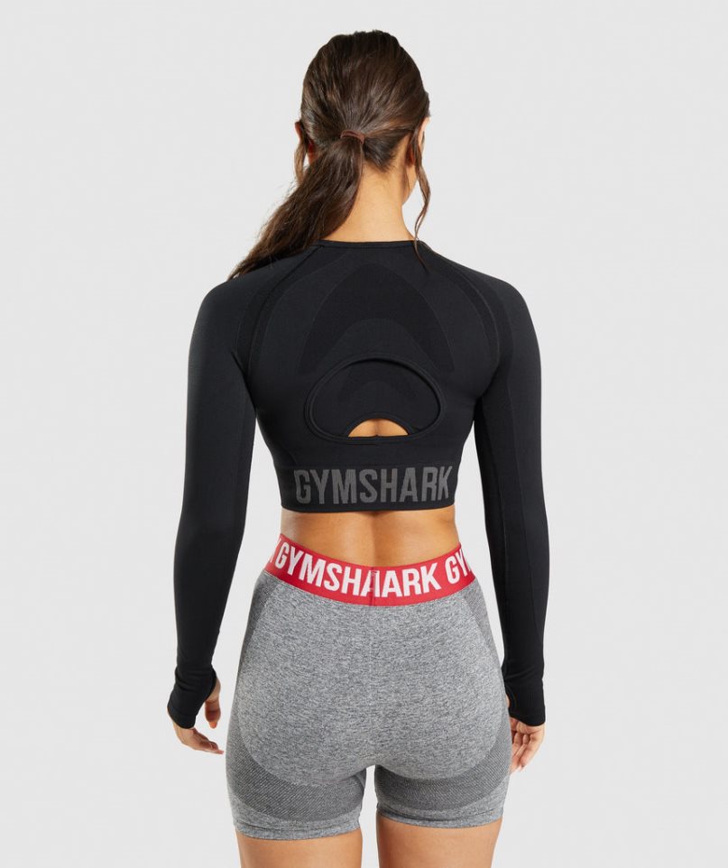 Gymshark Flex Sports Long Sleeve Kurz Geschnittene Oberteile Damen Schwarz | AT-65-OBNC