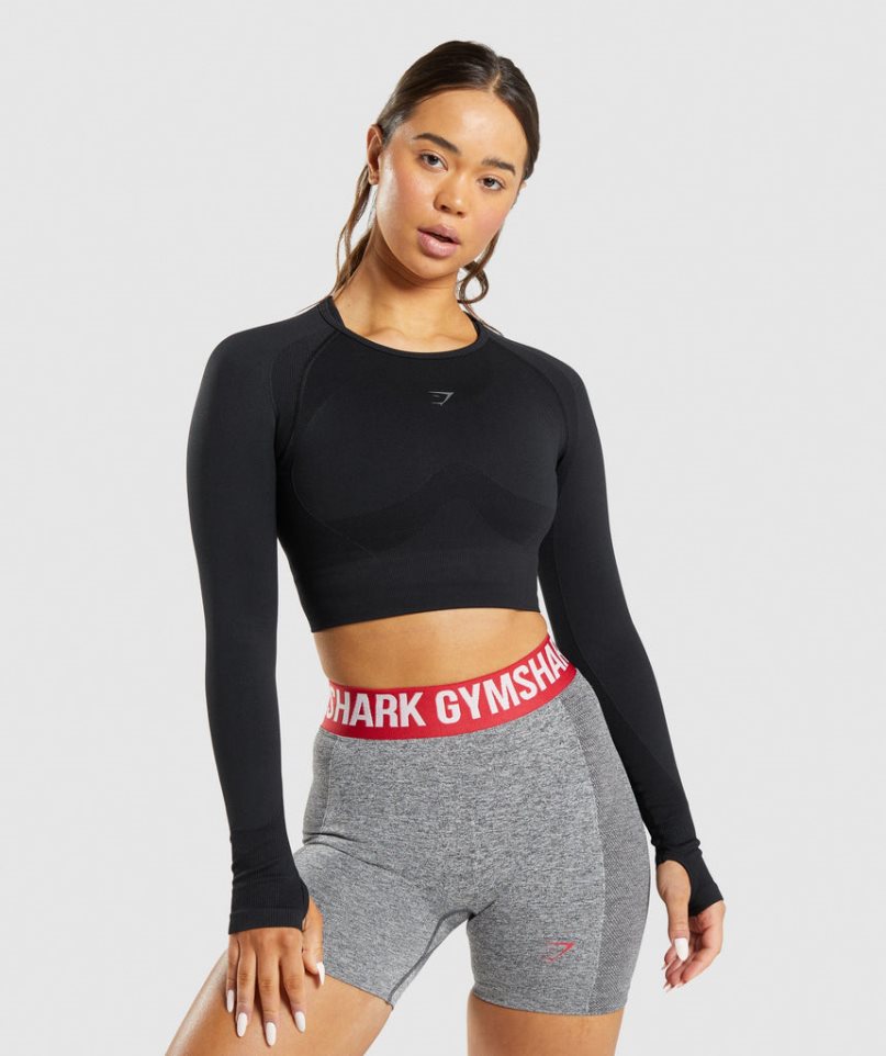 Gymshark Flex Sports Long Sleeve Kurz Geschnittene Oberteile Damen Schwarz | AT-65-OBNC