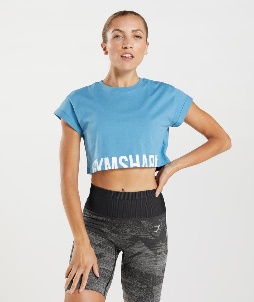 Gymshark Fraction Kurz Geschnittene Oberteile Damen Blau | AT-82-KAQR