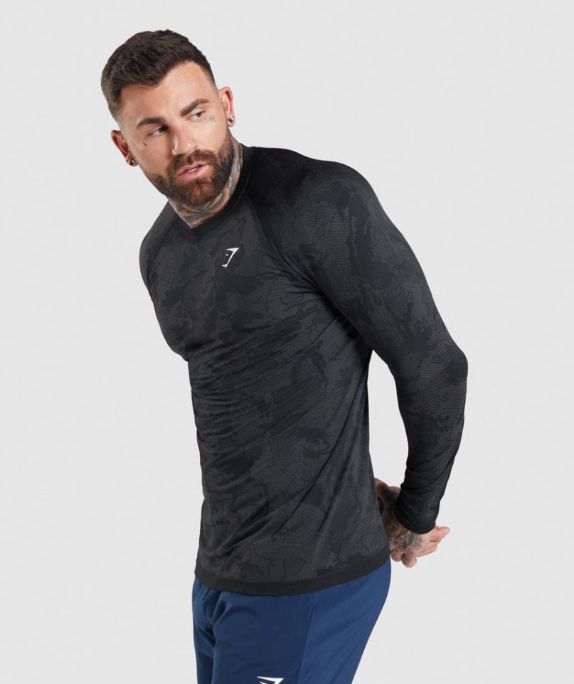 Gymshark Geo Seamless Long Sleeve T-shirts Herren Schwarz | AT-26-FBGM