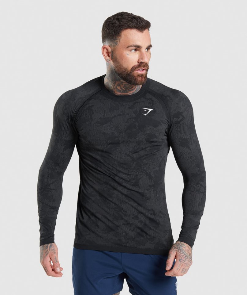 Gymshark Geo Seamless Long Sleeve T-shirts Herren Schwarz | AT-26-FBGM