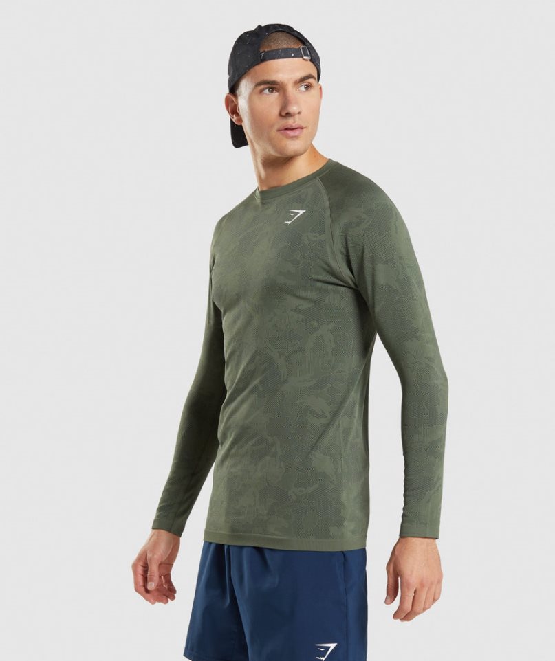 Gymshark Geo Seamless Long Sleeve T-shirts Herren Olivgrün | AT-94-WMYD