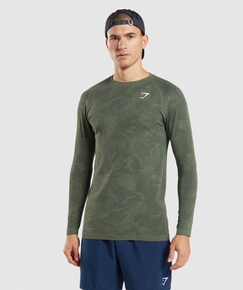 Gymshark Geo Seamless Long Sleeve T-shirts Herren Olivgrün | AT-94-WMYD