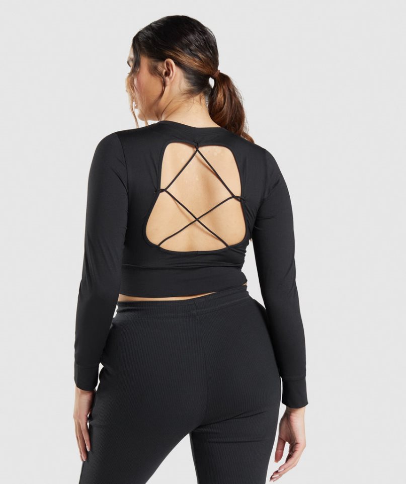 Gymshark Pause Open Back Long Sleeve Kurz Geschnittene Oberteile Damen Schwarz | AT-05-XQEY