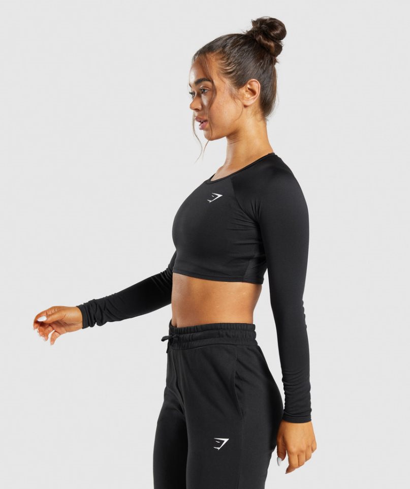 Gymshark Sport Long Sleeve Kurz Geschnittene Oberteile Damen Schwarz | AT-02-CMQZ