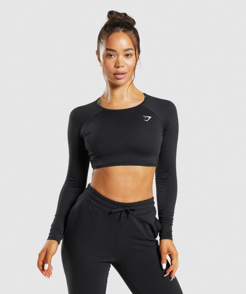 Gymshark Sport Long Sleeve Kurz Geschnittene Oberteile Damen Schwarz | AT-02-CMQZ