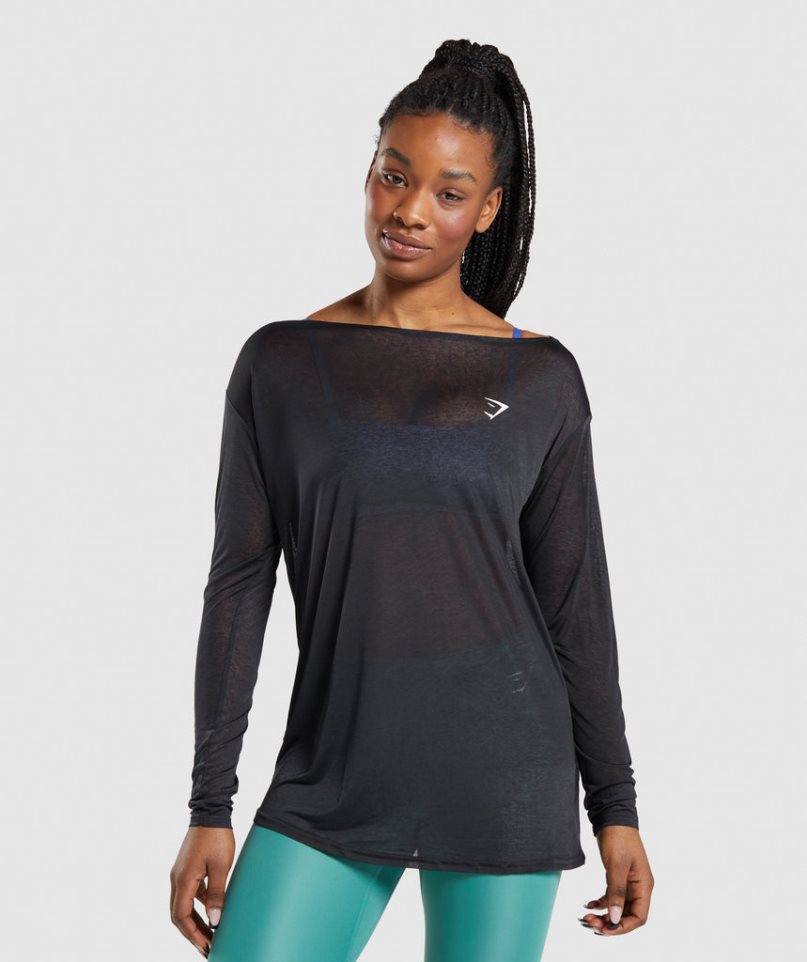 Gymshark Sport Oversized Long Sleeve Tee T-shirts Damen Schwarz | AT-78-TPGQ