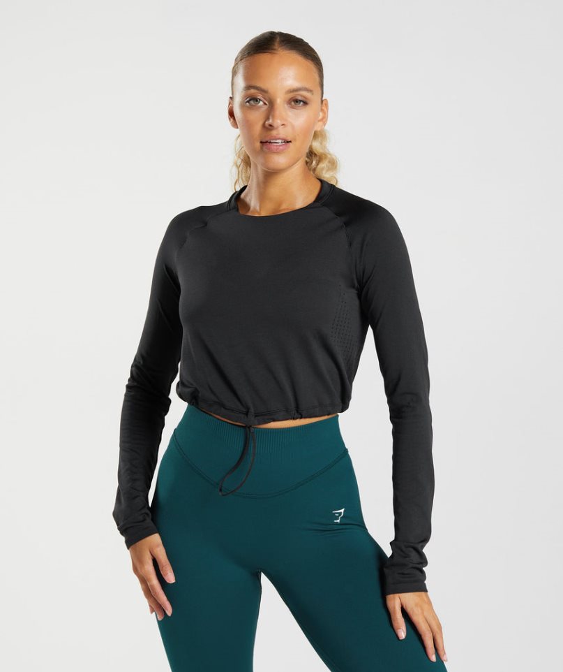 Gymshark Sweat Seamless Long Sleeve Kurz Geschnittene Oberteile Damen Schwarz | AT-26-NQCD