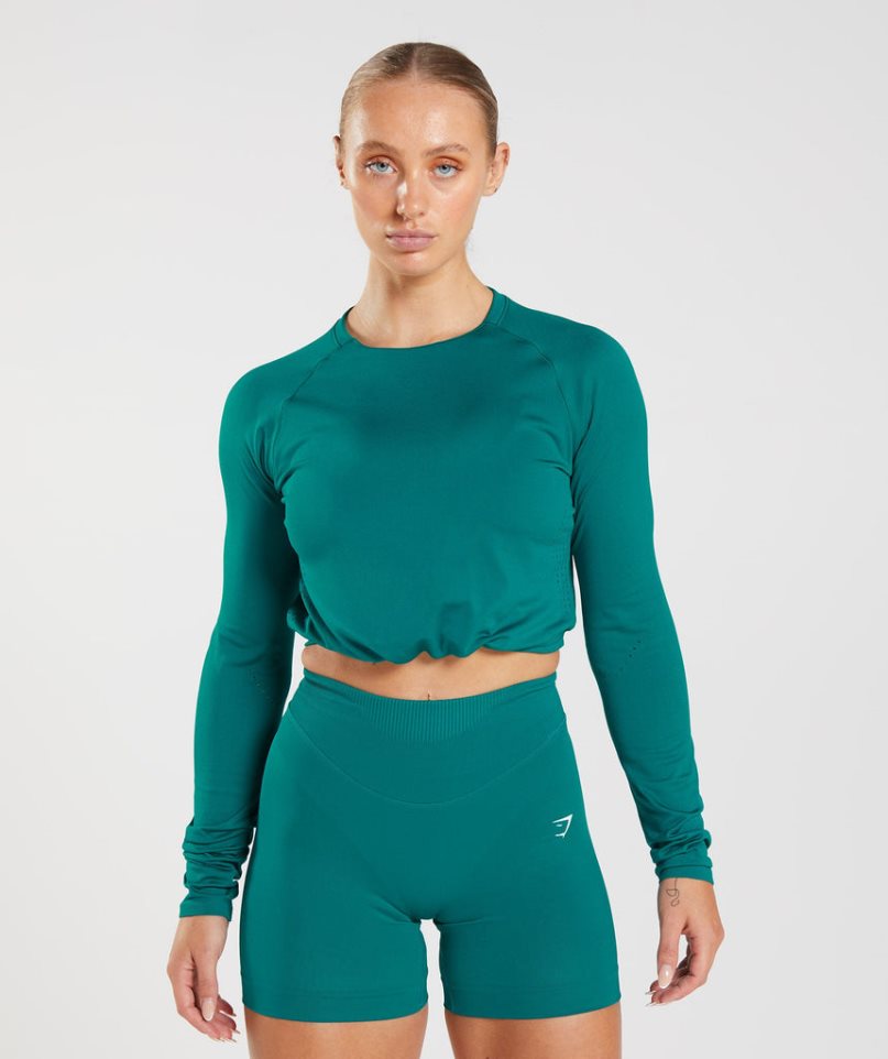 Gymshark Sweat Seamless Long Sleeve Kurz Geschnittene Oberteile Damen Türkis | AT-81-GIAE