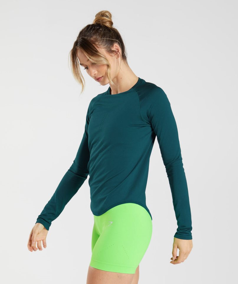 Gymshark Sweat Seamless Long Sleeve Top T-shirts Damen Türkis | AT-42-IMWE