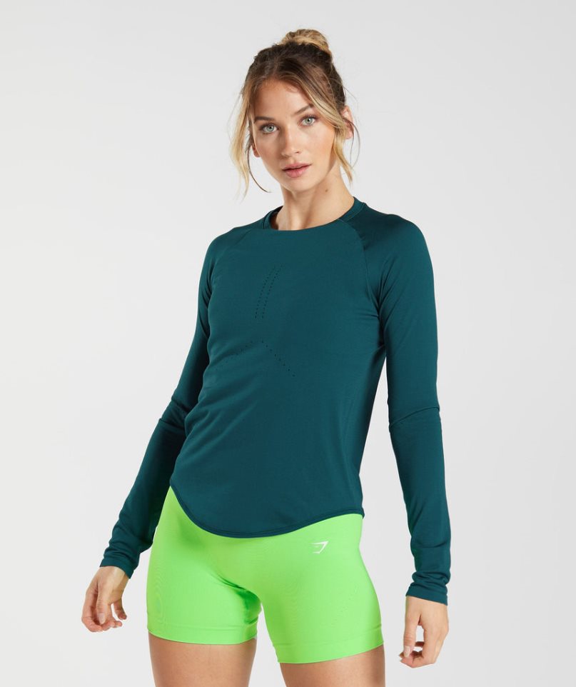 Gymshark Sweat Seamless Long Sleeve Top T-shirts Damen Türkis | AT-42-IMWE