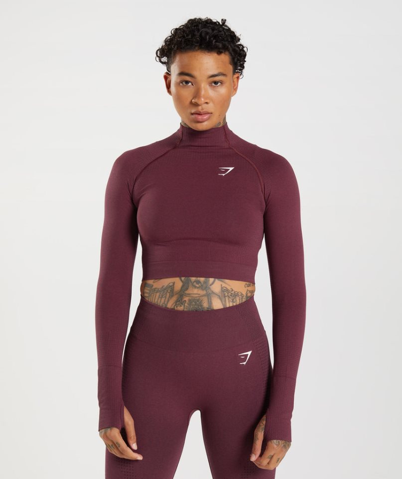 Gymshark Vital Seamless 2.0 High Neck Midi Kurz Geschnittene Oberteile Damen Bordeaux | AT-24-WJBK