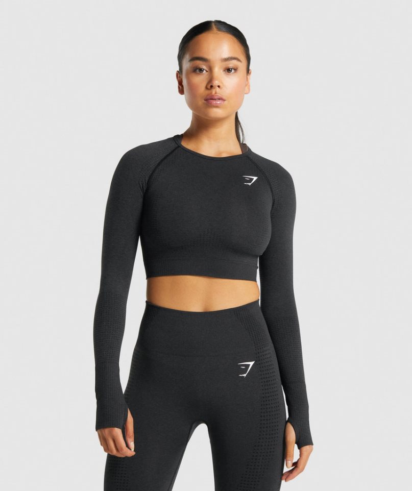 Gymshark Vital Seamless 2.0 Long Sleeve Kurz Geschnittene Oberteile Damen Schwarz | AT-30-RGEP