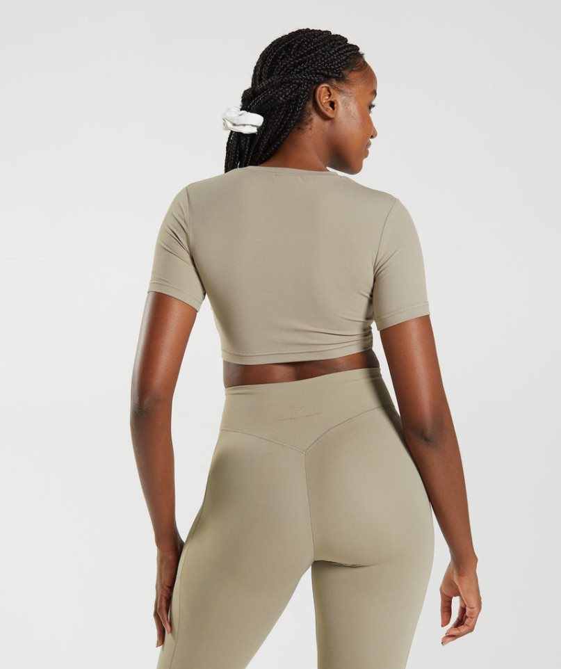 Gymshark Whitney Kurzes Sleeve Kurz Geschnittene Oberteile Damen Khaki | AT-58-ZWXH