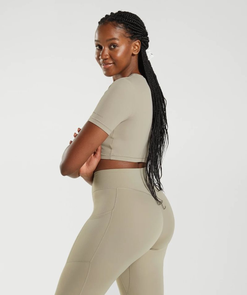 Gymshark Whitney Kurzes Sleeve Kurz Geschnittene Oberteile Damen Khaki | AT-58-ZWXH