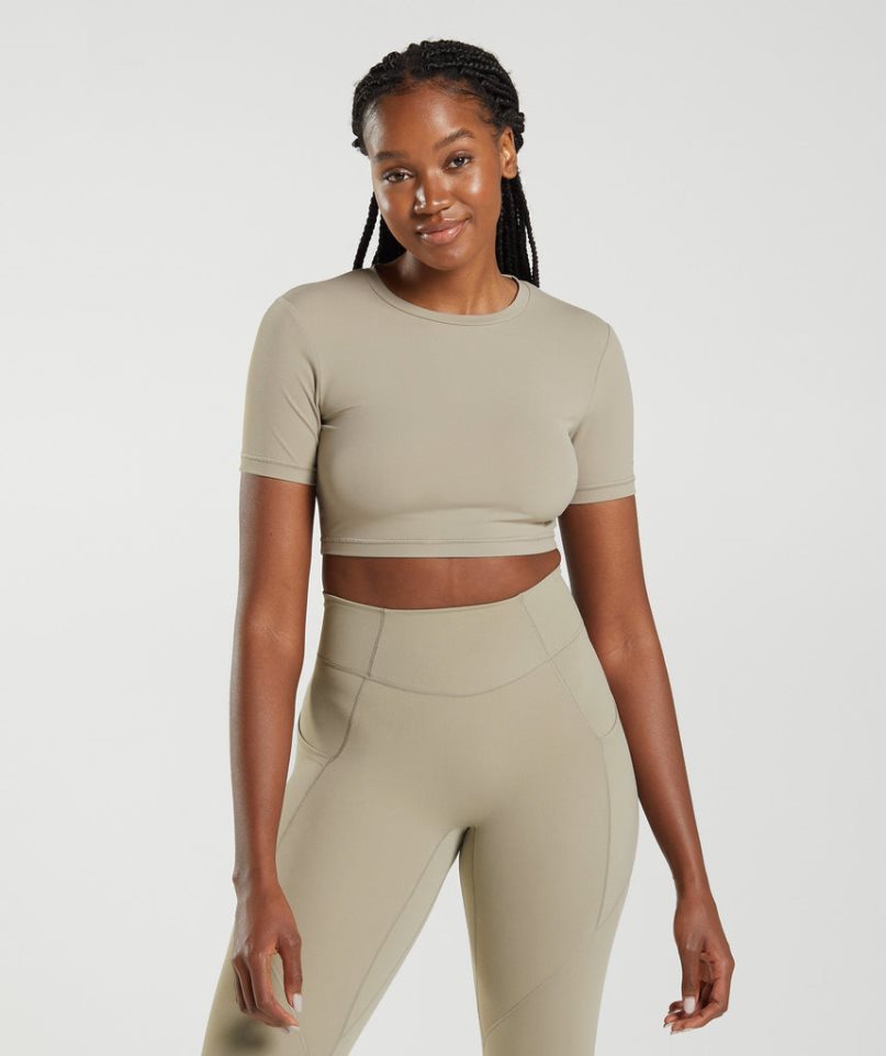 Gymshark Whitney Kurzes Sleeve Kurz Geschnittene Oberteile Damen Khaki | AT-58-ZWXH