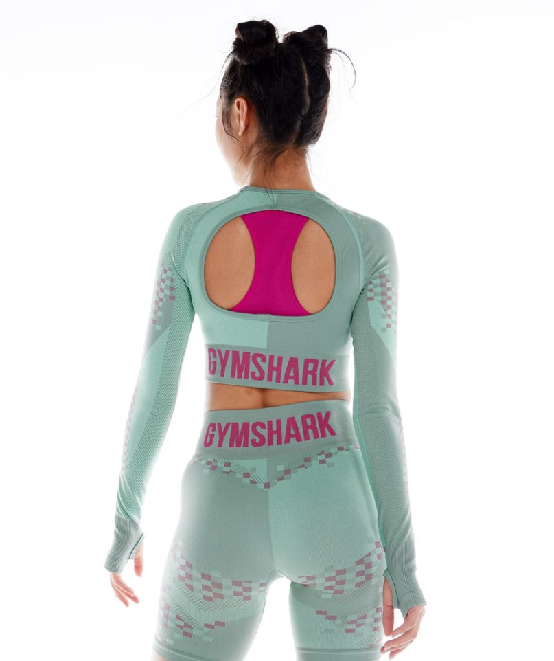 Gymshark Wtflex Cyborg Seamless Long Sleeve Kurz Geschnittene Oberteile Damen Grün | AT-61-ODYA